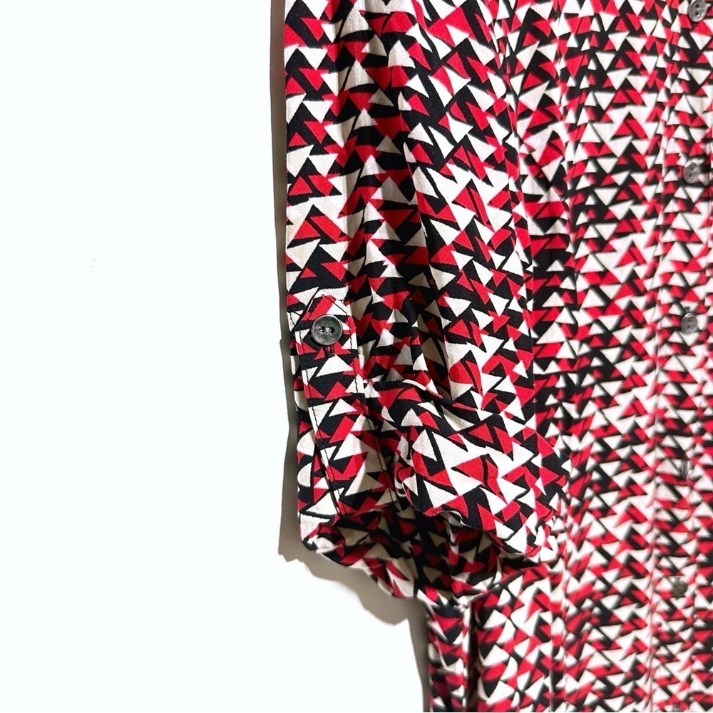 J. Jill Midi Womens Mod Print Navy Red Shirt Dress  Size 12 Tab Sleeves Collared - Picture 5 of 13